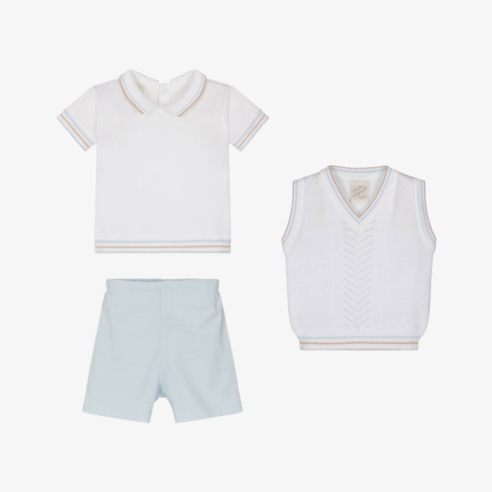 Pretty Originals-Boys White & Blue Cotton Top, Slipover & Shorts Set | Childrensalon
