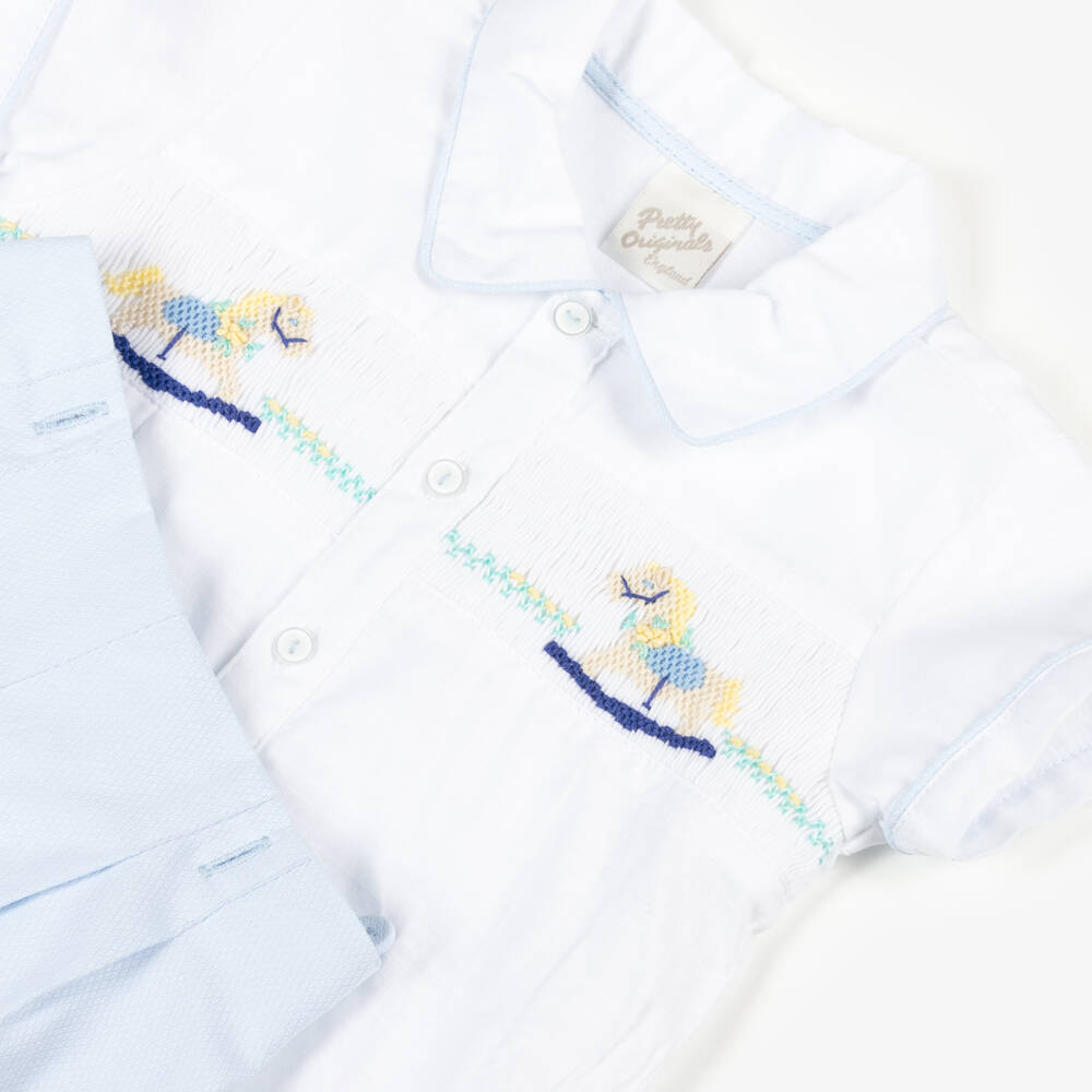 Pretty Originals-Boys White & Blue Smocked Rocking Horse Buster Suit | Childrensalon