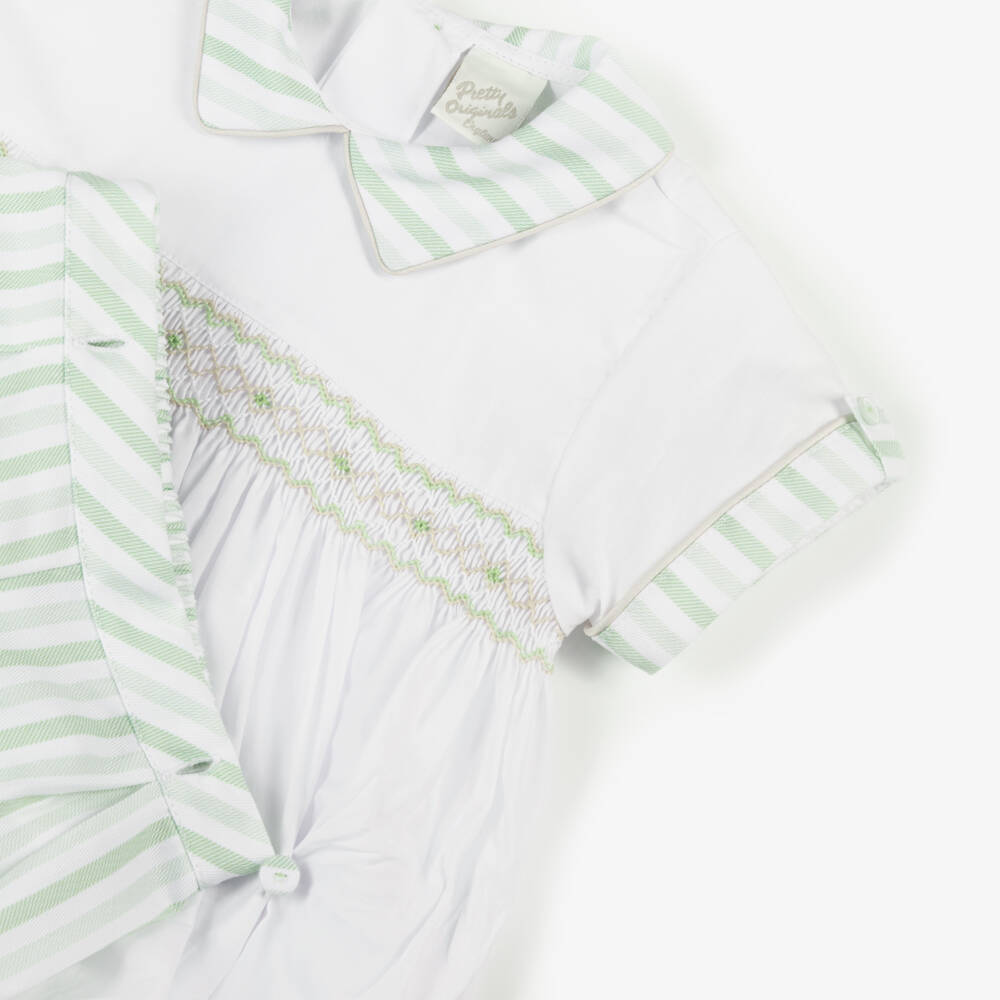 Pretty Originals-Boys White & Green Cotton Buster Suit | Childrensalon