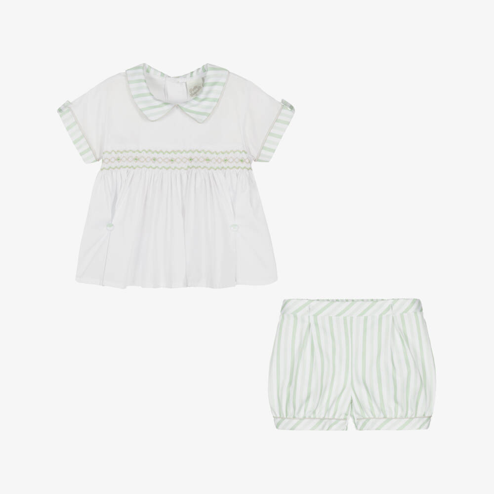 Pretty Originals-Boys White & Green Cotton Buster Suit | Childrensalon