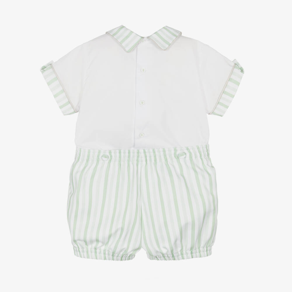 Pretty Originals-Boys White & Green Cotton Buster Suit | Childrensalon
