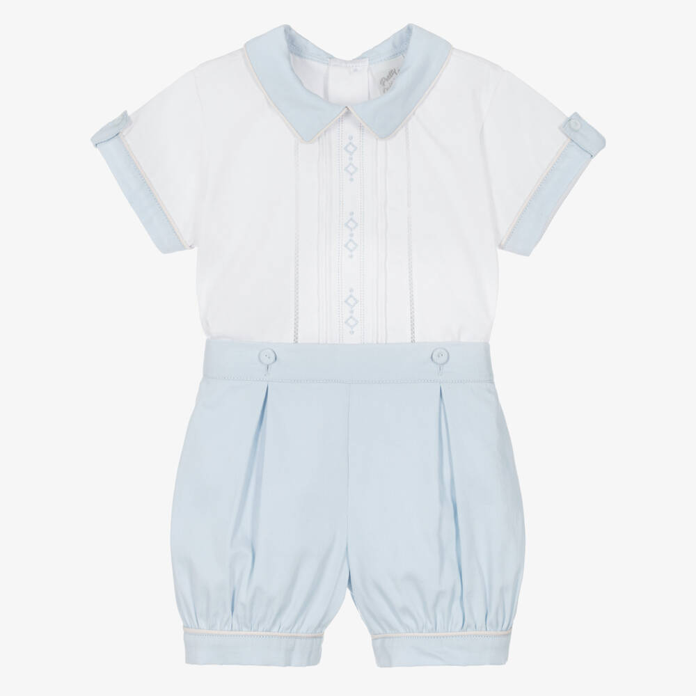 Pretty Originals-Boys White & Pale Blue Cotton Buster Suit with Embroidery | Childrensalon