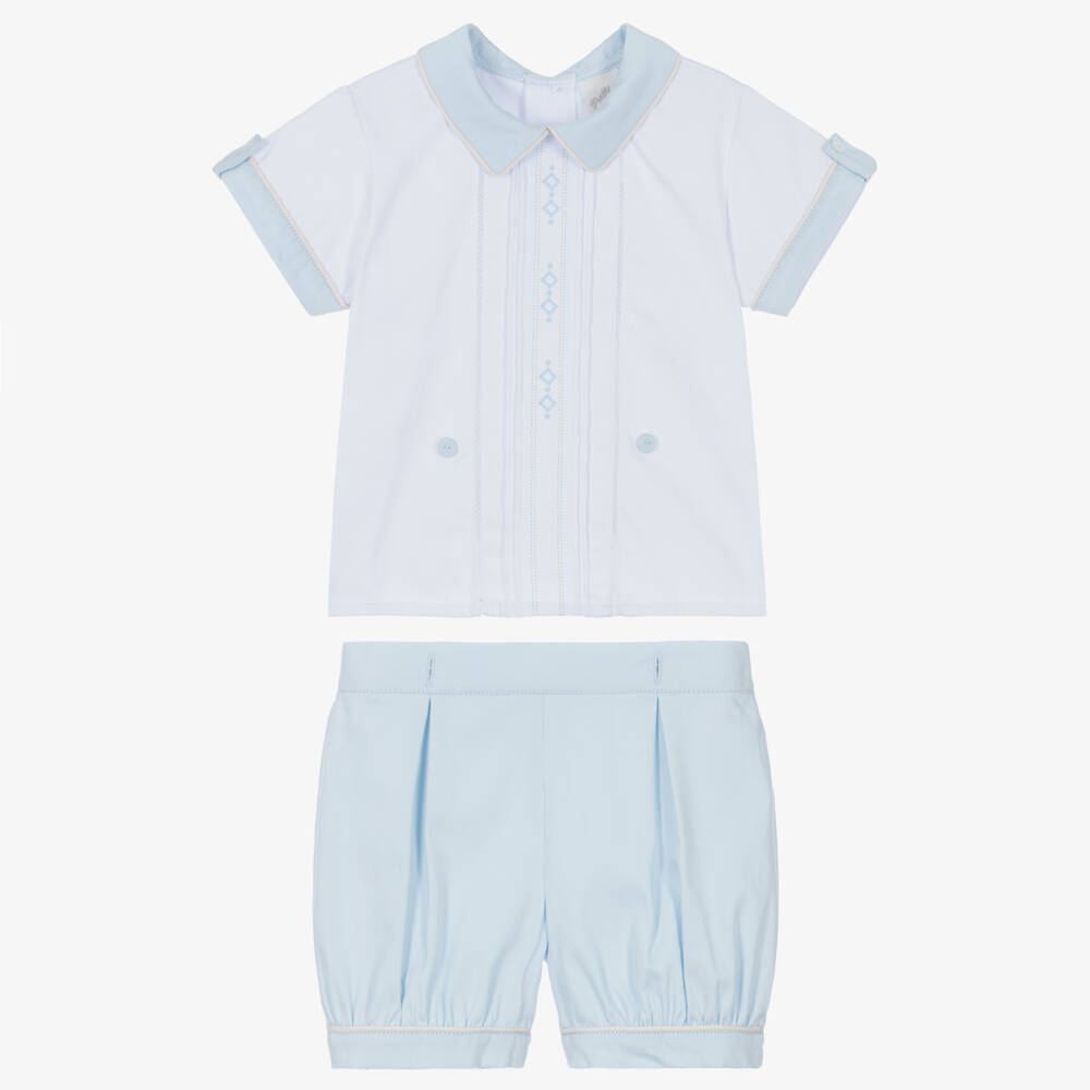 Pretty Originals-Boys White & Pale Blue Cotton Buster Suit with Embroidery | Childrensalon