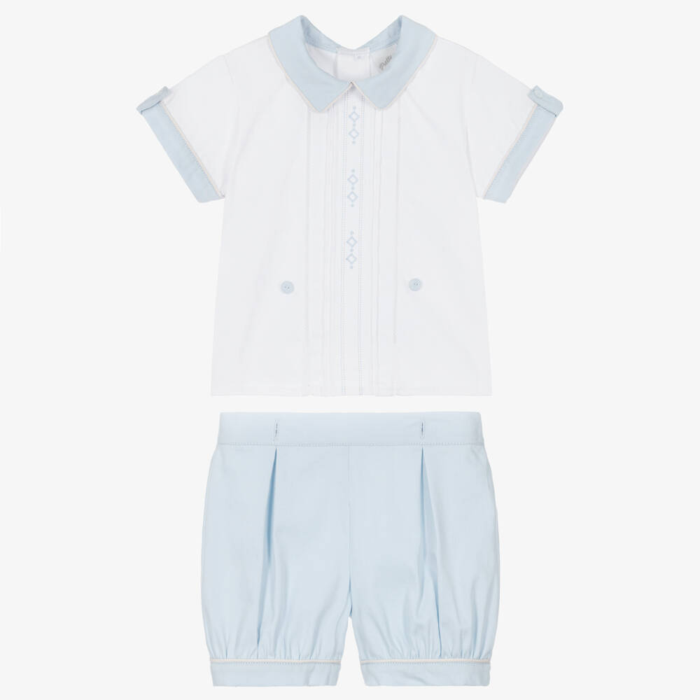 Pretty Originals-بدلة بستر قطن لون أبيض وأزرق فاتح للأولاد | Childrensalon