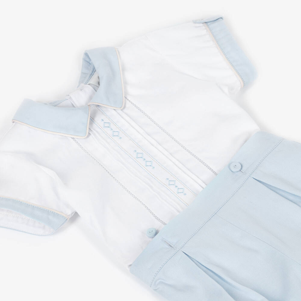 Pretty Originals-بدلة بستر قطن لون أبيض وأزرق فاتح للأولاد | Childrensalon