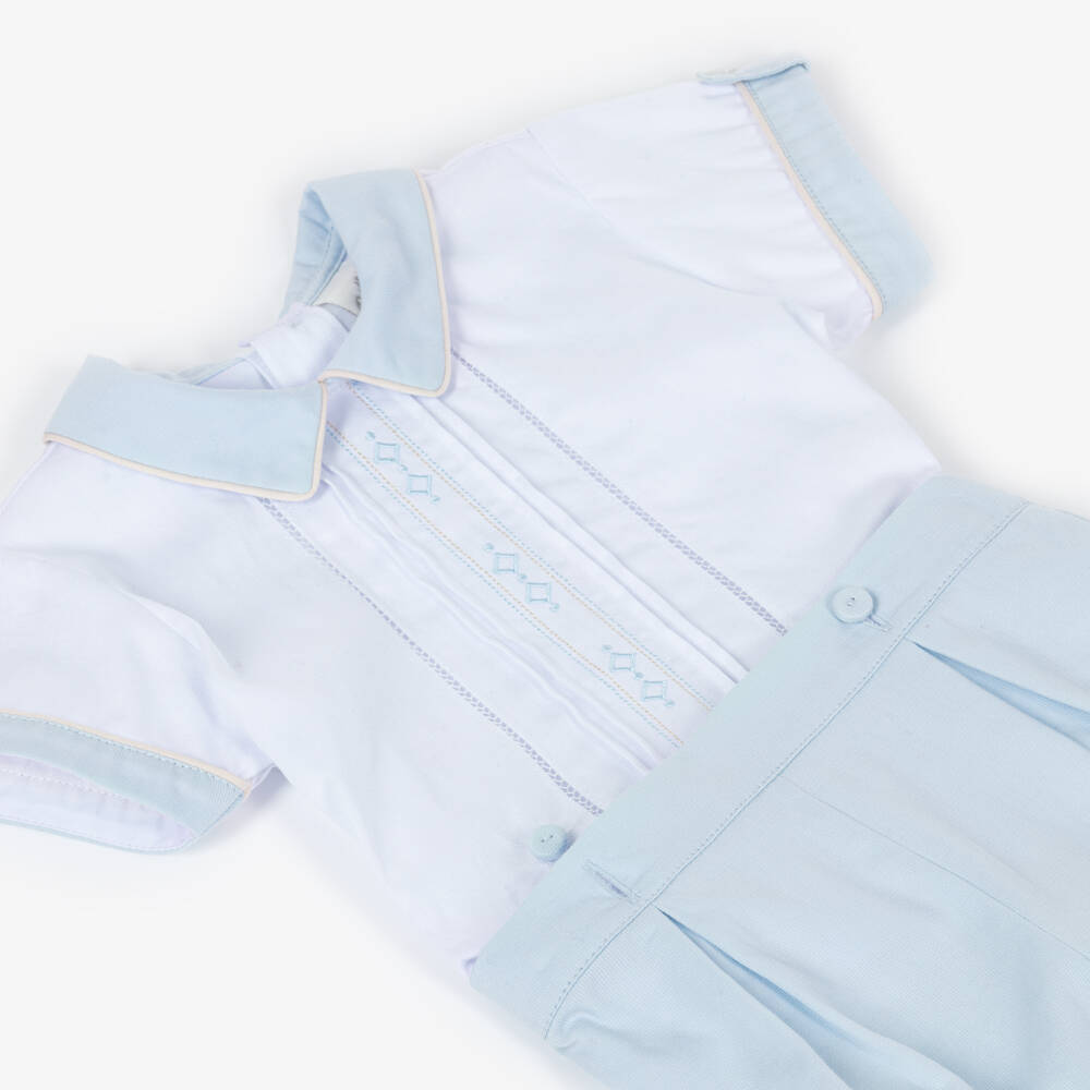 Pretty Originals-Boys White & Pale Blue Cotton Buster Suit with Embroidery | Childrensalon