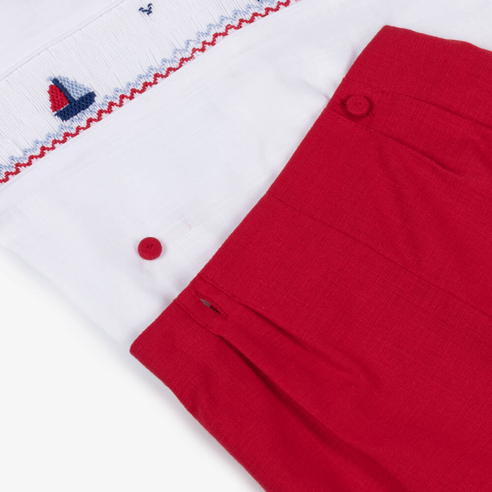 Pretty Originals-Boys White & Red Hand-Smocked Cotton Buster Suit | Childrensalon