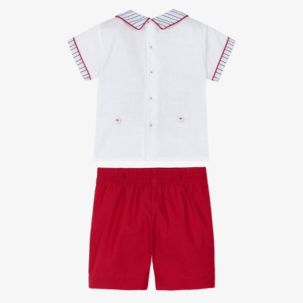 Pretty Originals-Boys White & Red Hand-Smocked Cotton Buster Suit | Childrensalon