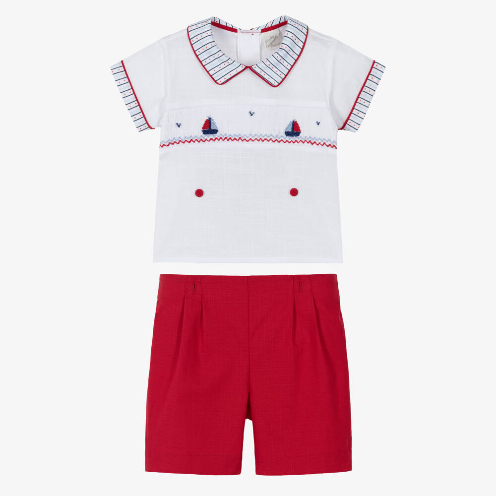 Pretty Originals-Boys White & Red Hand-Smocked Cotton Buster Suit | Childrensalon