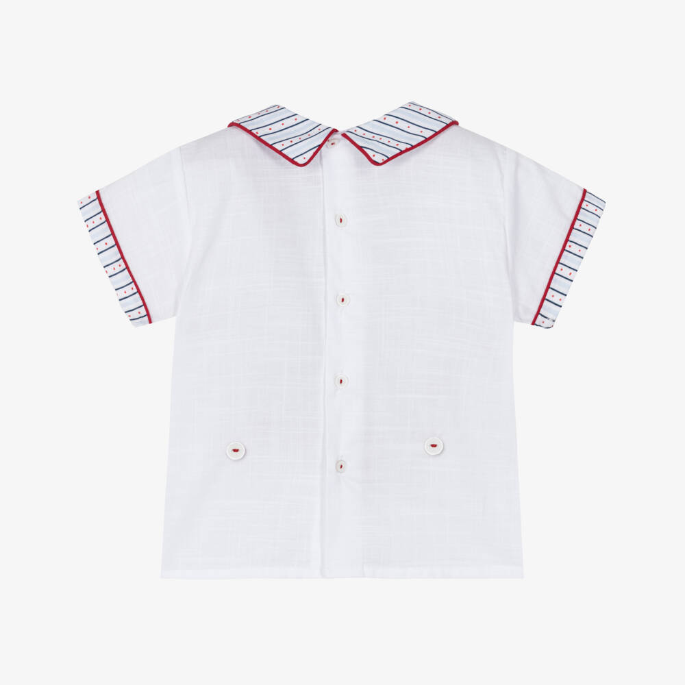 Pretty Originals-Boys White & Red Hand-Smocked Cotton Buster Suit | Childrensalon