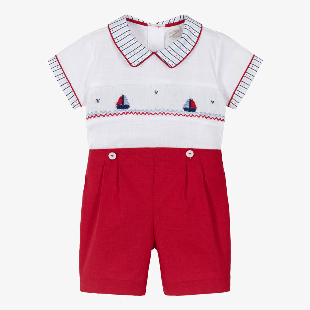 Pretty Originals-Boys White & Red Hand-Smocked Cotton Buster Suit | Childrensalon