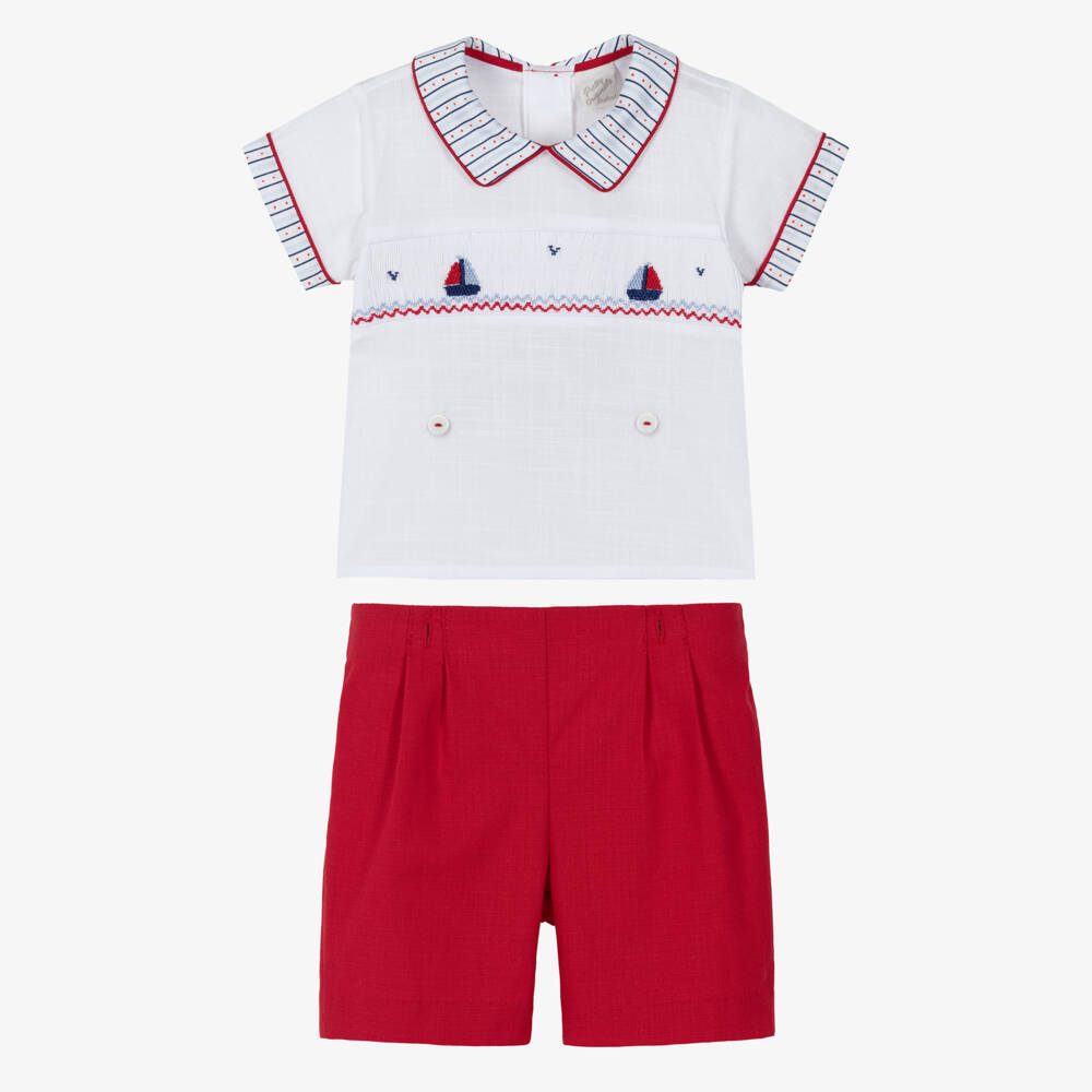 Pretty Originals-Boys White & Red Hand-Smocked Cotton Buster Suit | Childrensalon