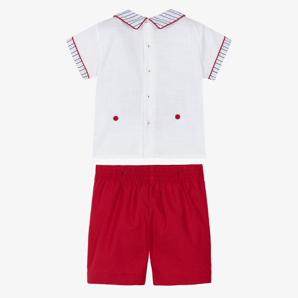 Pretty Originals-Boys White & Red Hand-Smocked Cotton Buster Suit | Childrensalon