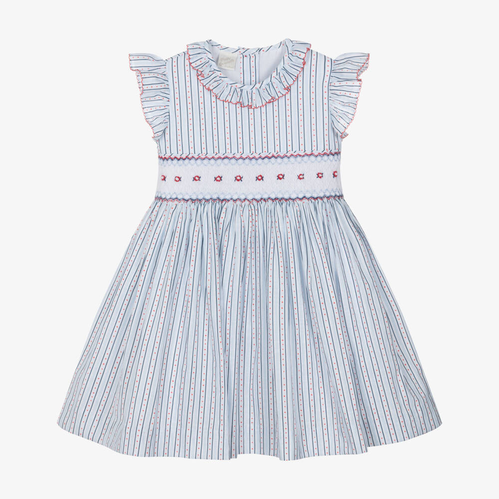 Pretty Originals-Girls Blue & White Striped Cotton Dress | Childrensalon
