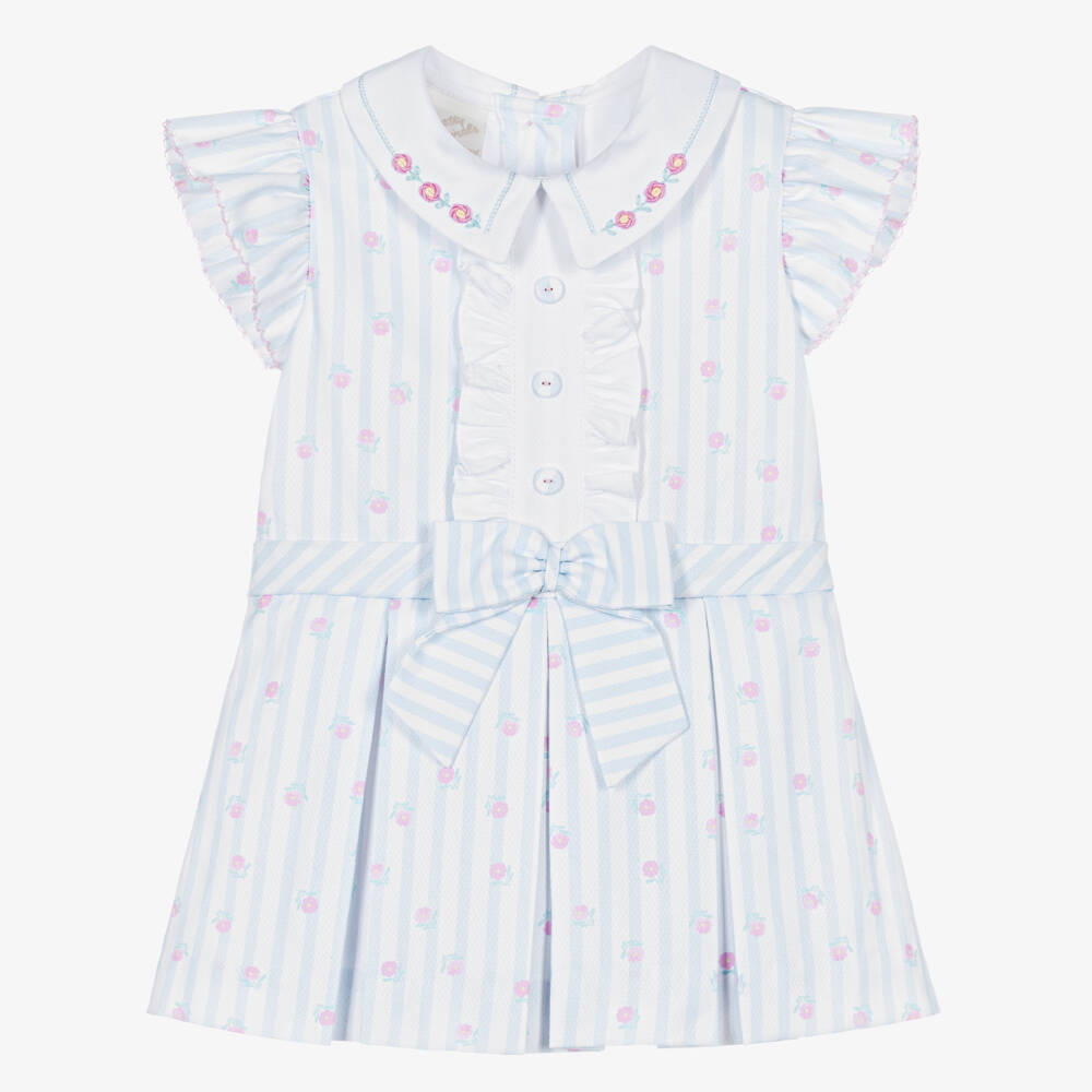 Pretty Originals-Girls Blue & White Striped Cotton Floral Print Dress | Childrensalon