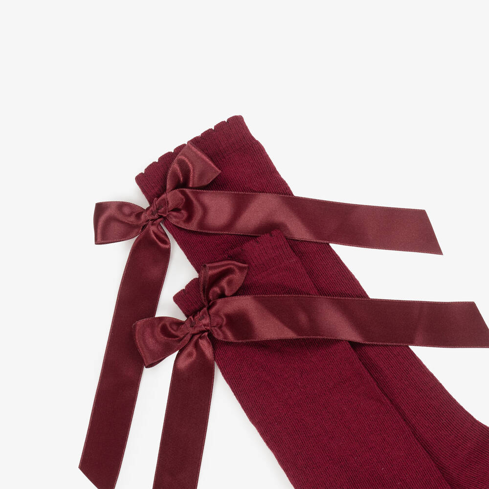 Pretty Originals-جوارب بفيونكة قطن لون أحمر برغندي للبنات | Childrensalon