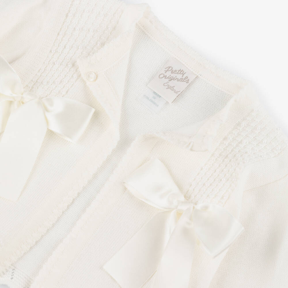 Pretty Originals-Girls Cream Cotton Knit Cardigan with Ribbon Bows | Childrensalon
