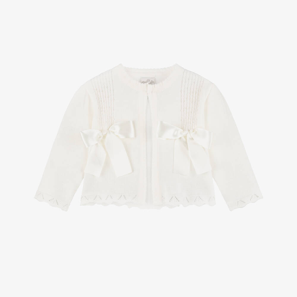 Pretty Originals-Girls Cream Cotton Knit Cardigan with Ribbon Bows | Childrensalon