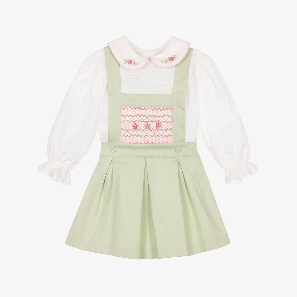 Pretty Originals-Girls Green Hand-Embroidered Pinafore Dress Set | Childrensalon