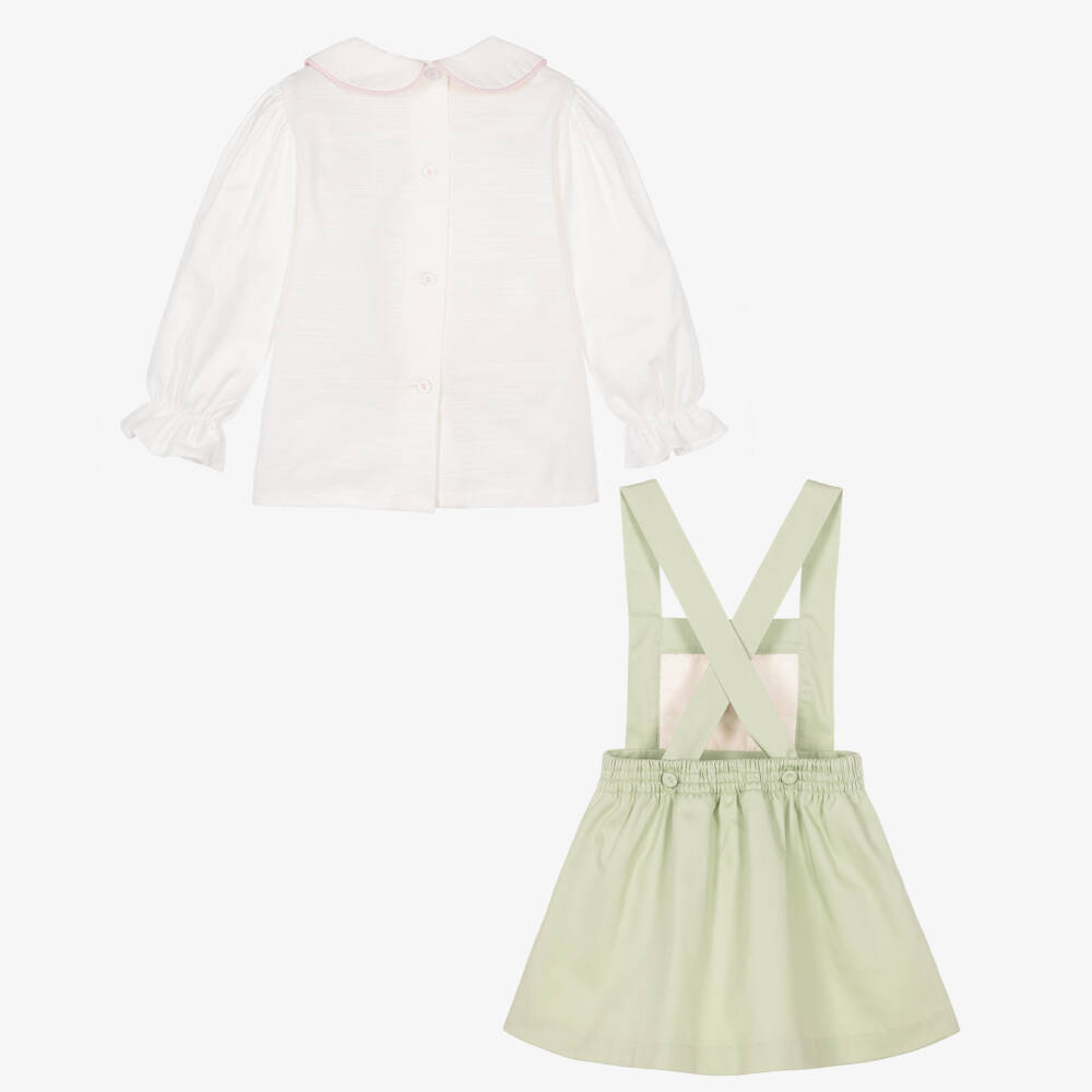 Pretty Originals-Girls Green Hand-Embroidered Pinafore Dress Set | Childrensalon