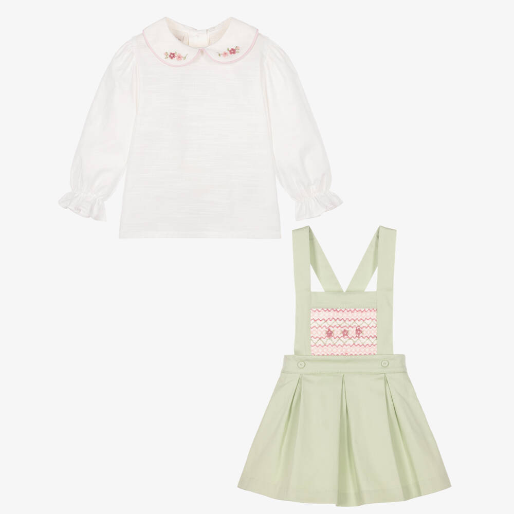 Pretty Originals-Girls Green Hand-Embroidered Pinafore Dress Set | Childrensalon
