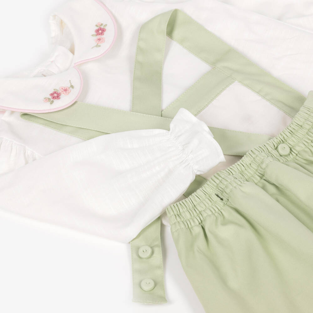 Pretty Originals-Girls Green Hand-Embroidered Pinafore Dress Set | Childrensalon