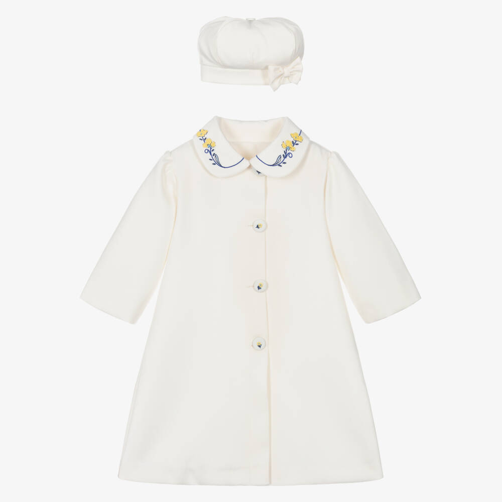 Pretty Originals-Girls Ivory Coat Set with Yellow Floral Embroidery | Childrensalon