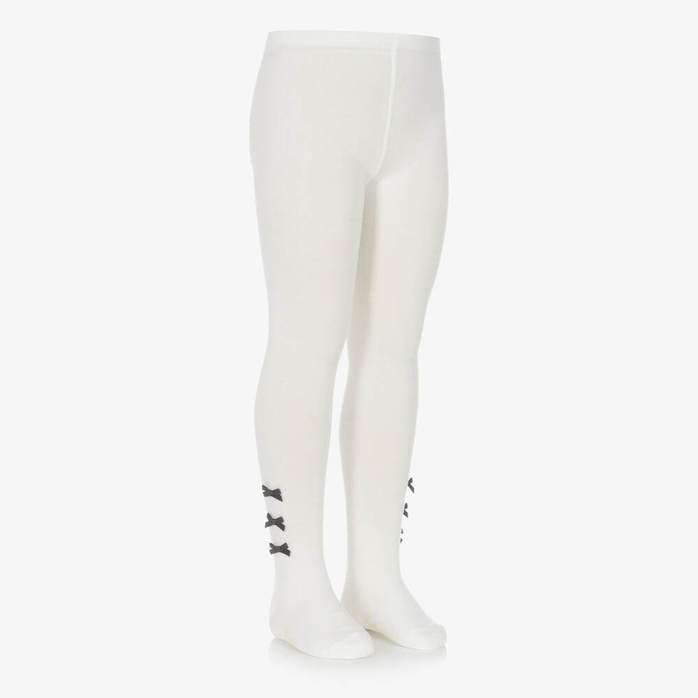 Pretty Originals-Girls Ivory Cotton Bow Tights | Childrensalon