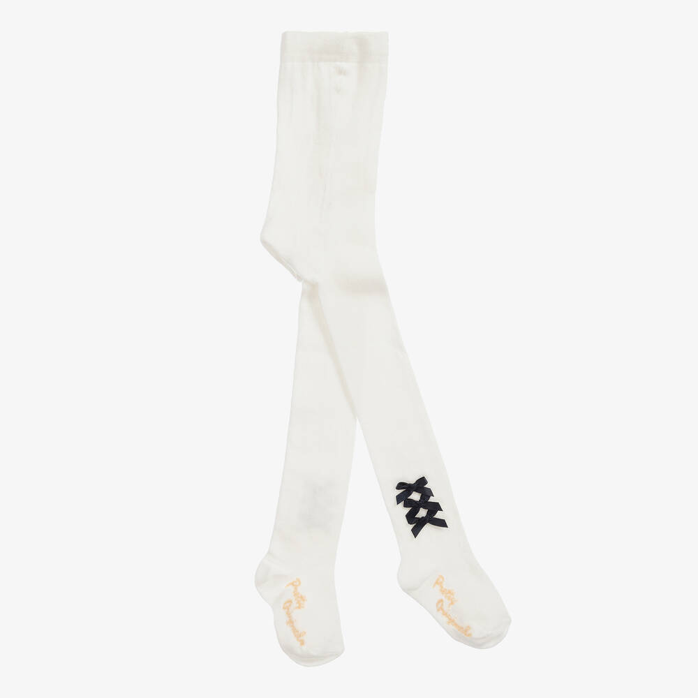 Pretty Originals-Girls Ivory Cotton Bow Tights | Childrensalon