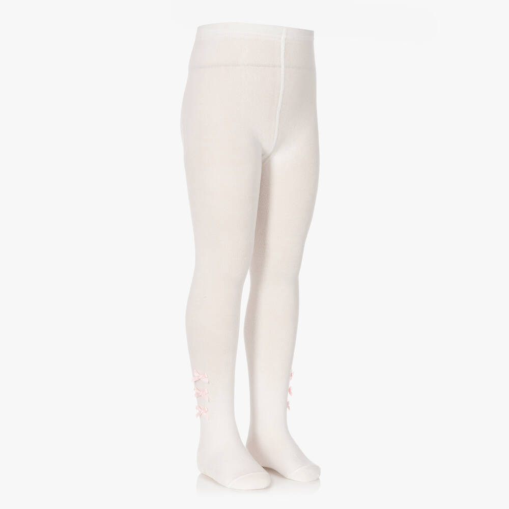 Pretty Originals-Girls Ivory Cotton Bow Tights | Childrensalon