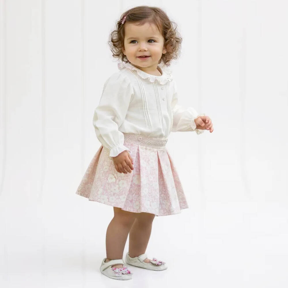 Pretty Originals-Girls Ivory & Pink Floral Skirt Set | Childrensalon
