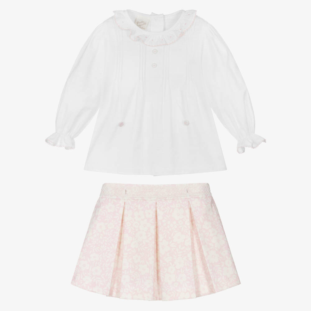 Pretty Originals-Girls Ivory & Pink Floral Skirt Set | Childrensalon