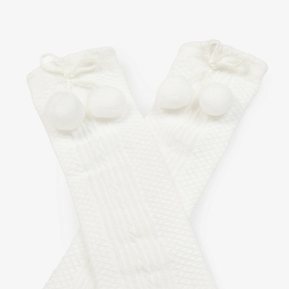 Pretty Originals-Girls Ivory Pom-Pom Cotton Socks | Childrensalon