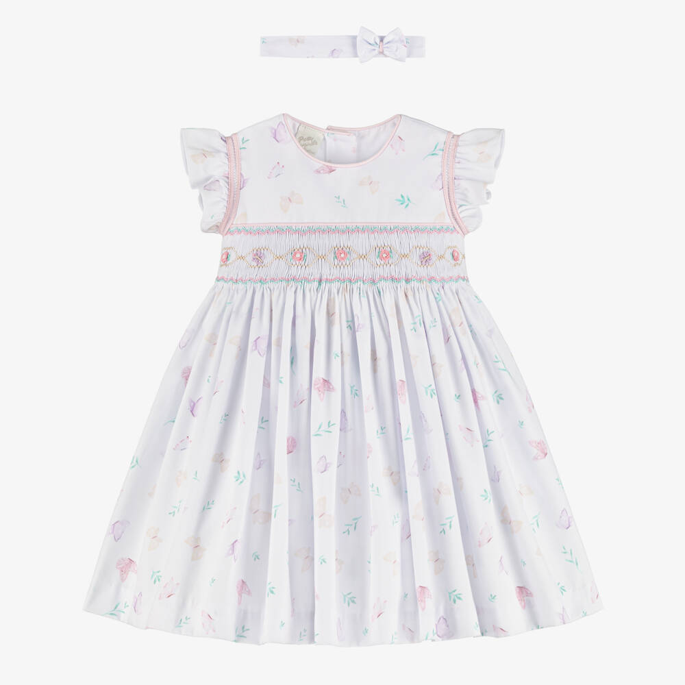 Pretty Originals-طقم فستان وطوق رأس بتطريز سموك لون ليلكي للبنات | Childrensalon