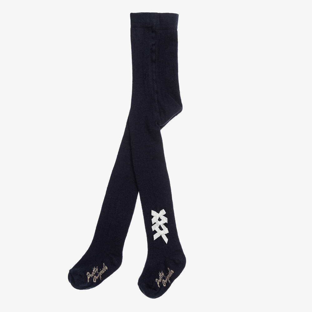 Pretty Originals-Girls Navy Blue Cotton Bow Tights | Childrensalon