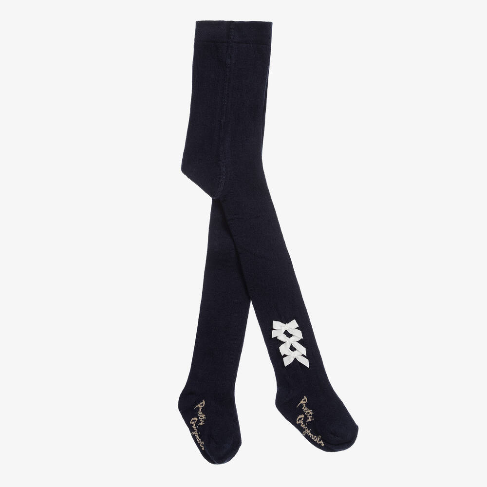 Pretty Originals-Girls Navy Blue Cotton Bow Tights | Childrensalon