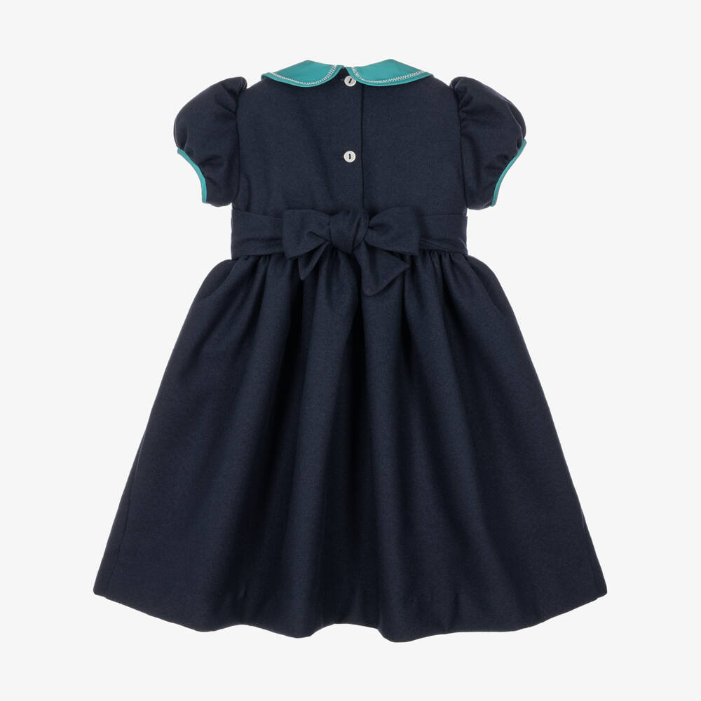 Pretty Originals-Girls Navy Blue Smocked Dress with Teal Collar | Childrensalon