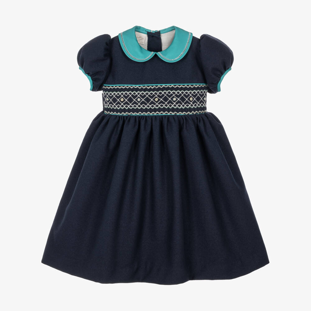 Pretty Originals-Girls Navy Blue Smocked Dress with Teal Collar | Childrensalon