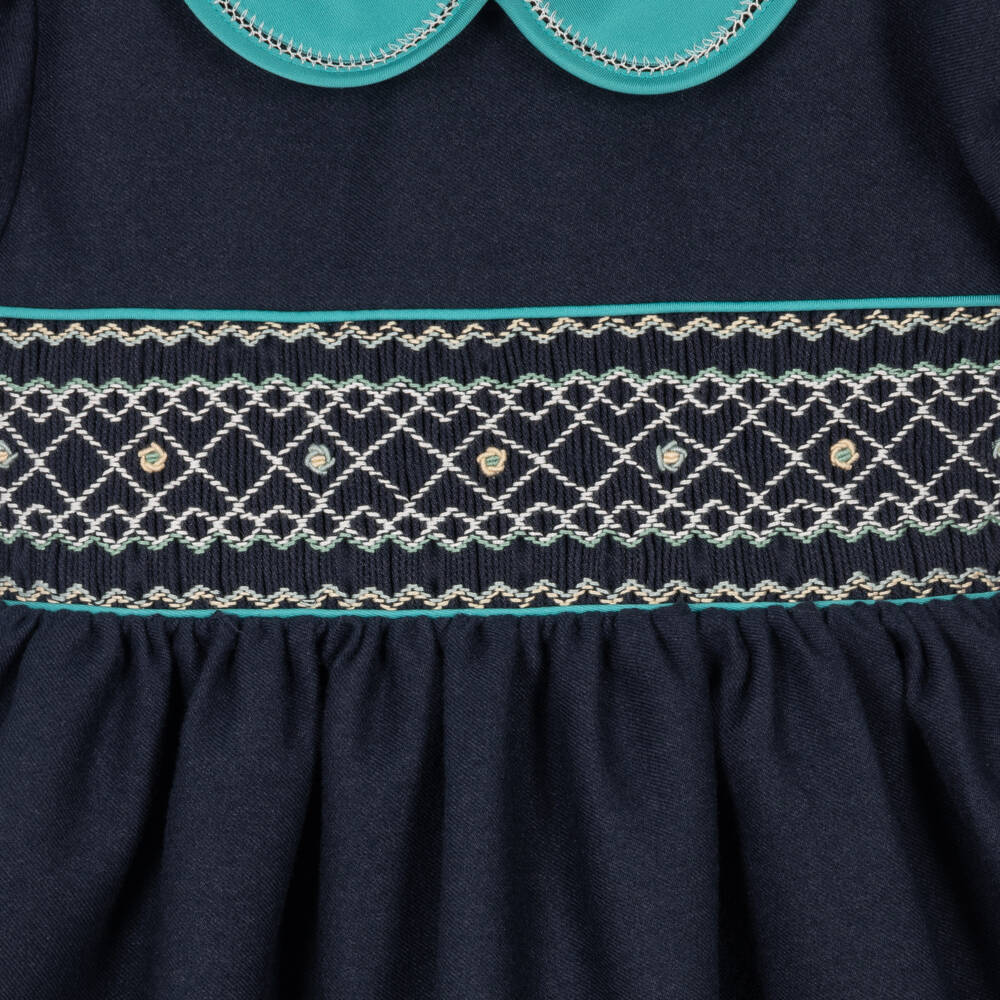 Pretty Originals-Girls Navy Blue Smocked Dress with Teal Collar | Childrensalon
