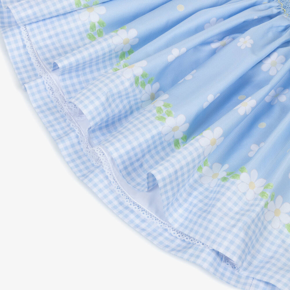 Pretty Originals-Girls Pale Blue Daisy & Gingham Dress Set with Hand Smocking | Childrensalon