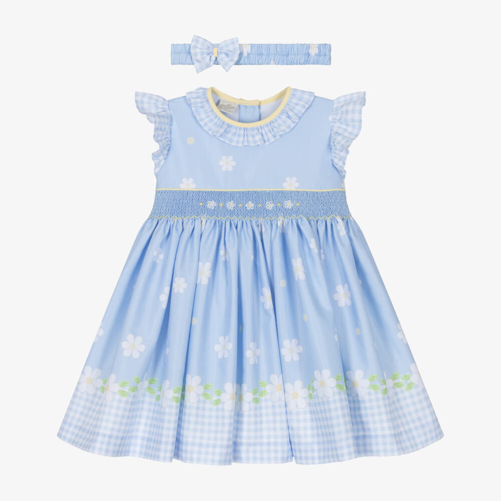Pretty Originals-Girls Pale Blue Daisy & Gingham Dress Set with Hand Smocking | Childrensalon