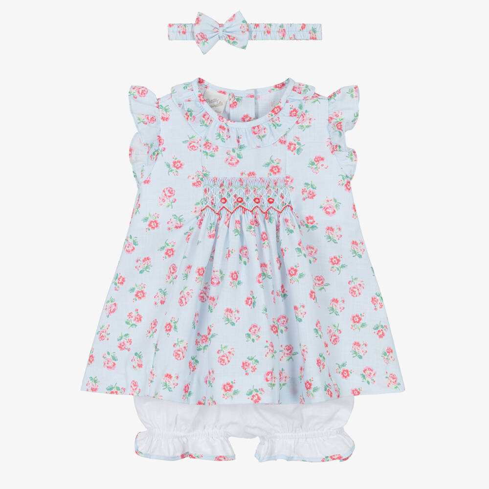 Pretty Originals-Girls Pale Blue Floral Print Dress Set with Headband | Childrensalon