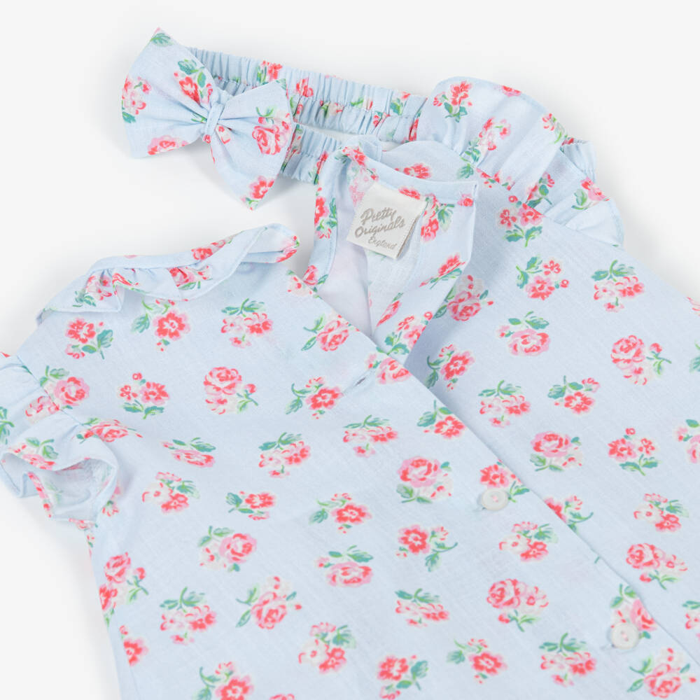Pretty Originals-Girls Pale Blue Floral Print Dress Set with Headband | Childrensalon