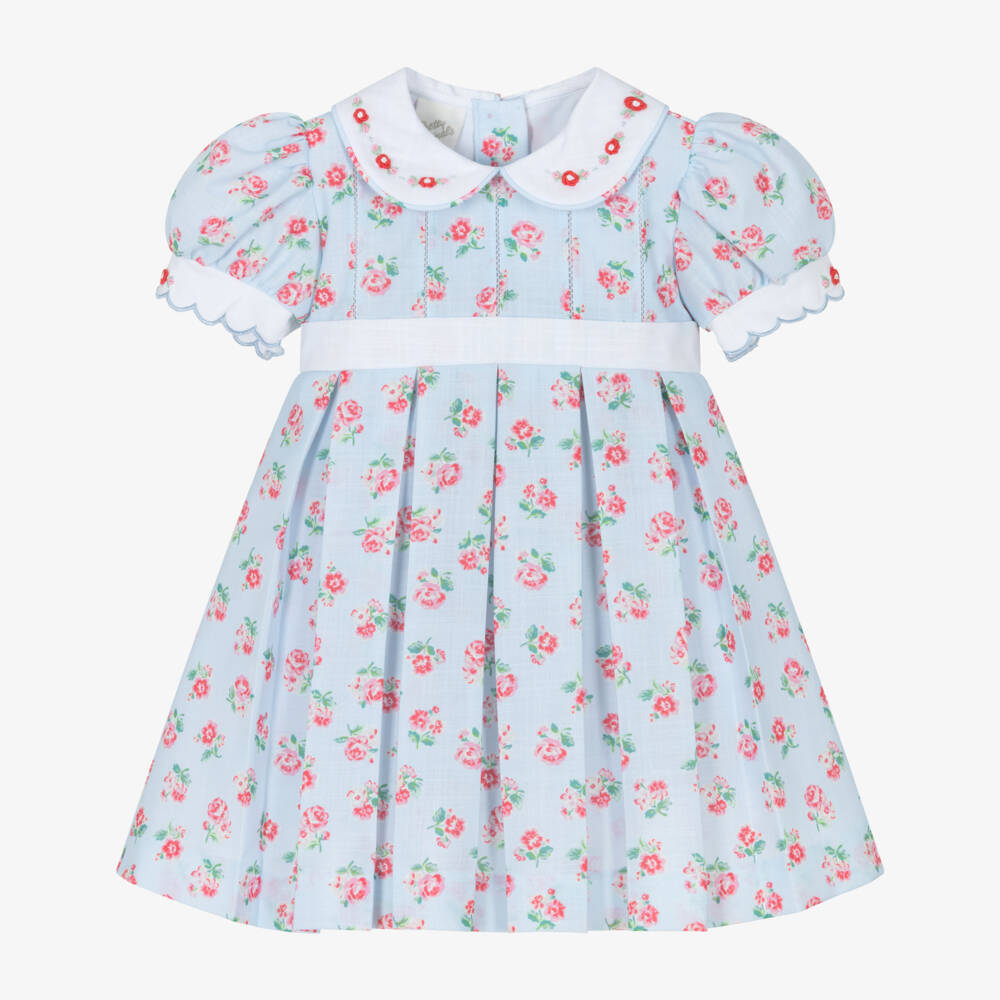 Pretty Originals-Girls Pale Blue & Pink Flower Printed Pleated Dress | Childrensalon