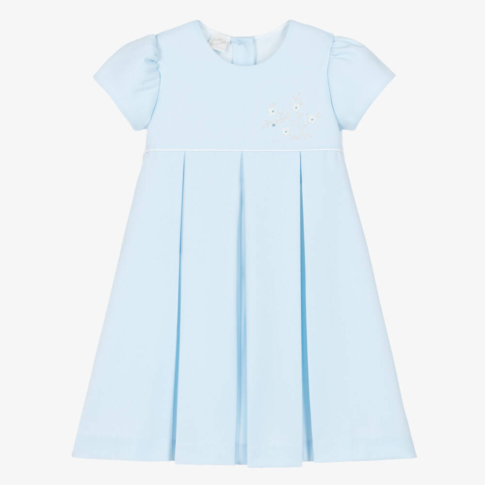Pretty Originals-Girls Pale Blue Pleated Twill Dress with Floral Embroidery | Childrensalon