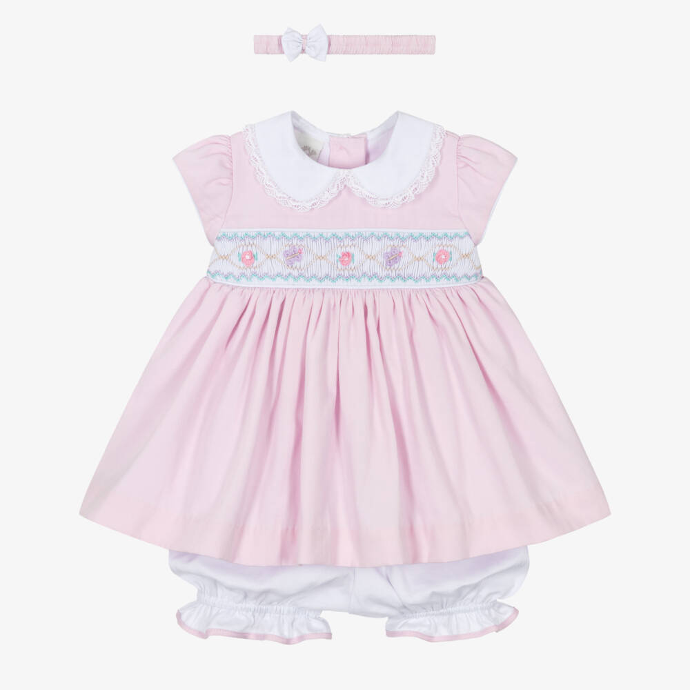 Pretty Originals-Girls Pale Pink Hand-Smocked Dress & Headband Set | Childrensalon