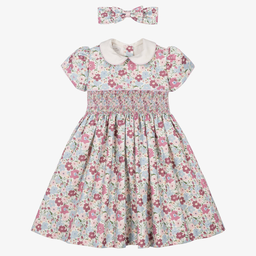 Pretty Originals-Girls Pink Floral Hand-Smocked Dress & Headband Set | Childrensalon