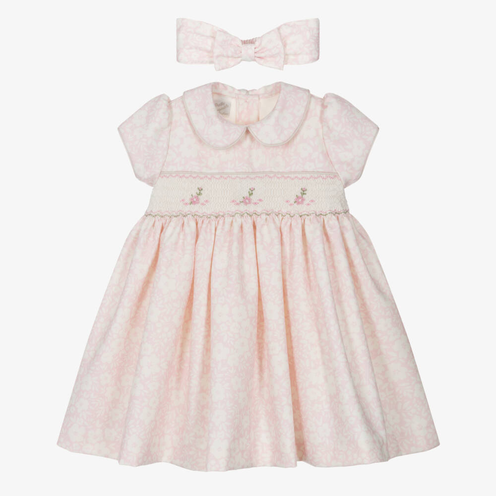 Pretty Originals-Girls Pink & Ivory Floral Hand-Smocked Dress Set | Childrensalon