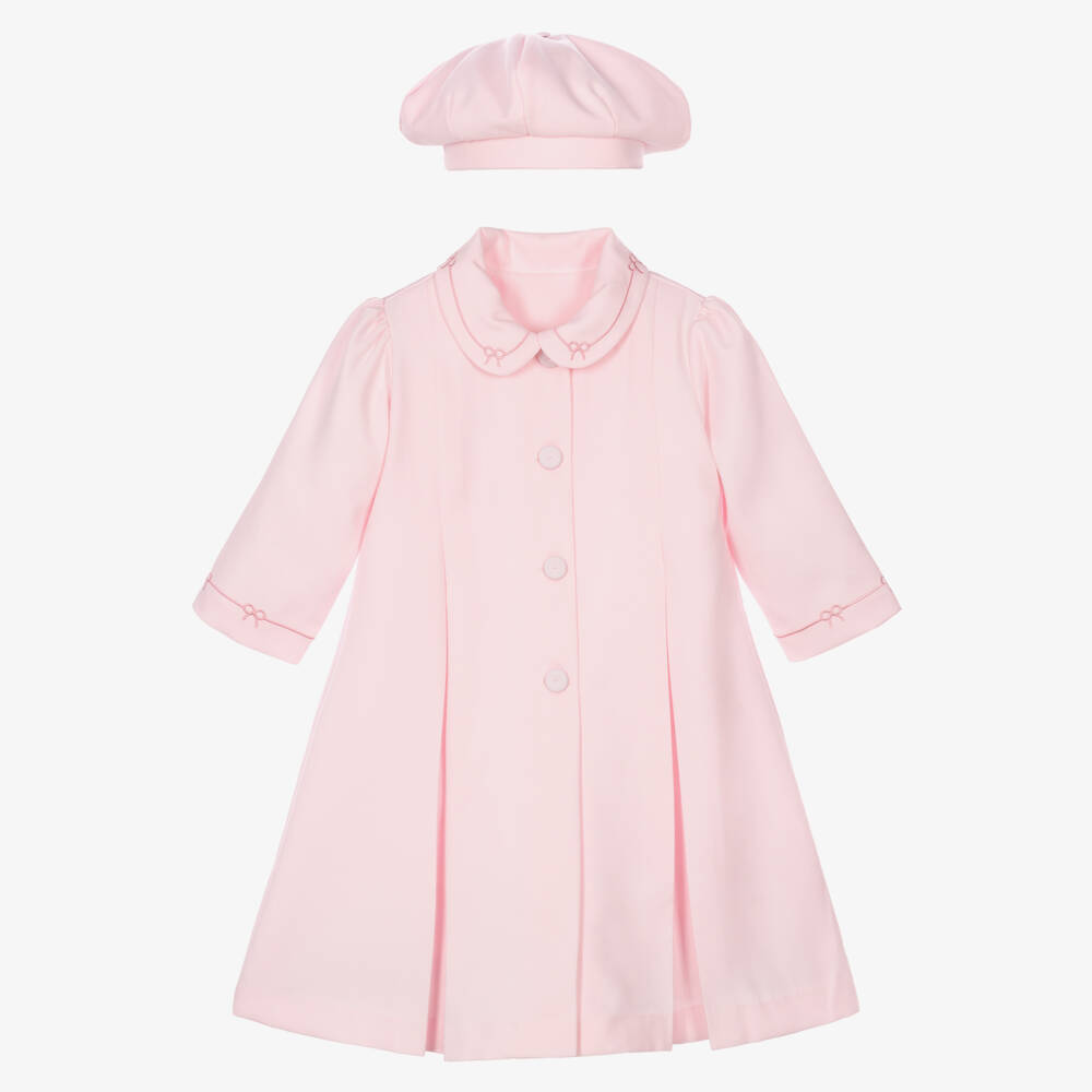 Pretty Originals-Girls Pink Twill Coat & Hat Set with Bow Embroidery | Childrensalon