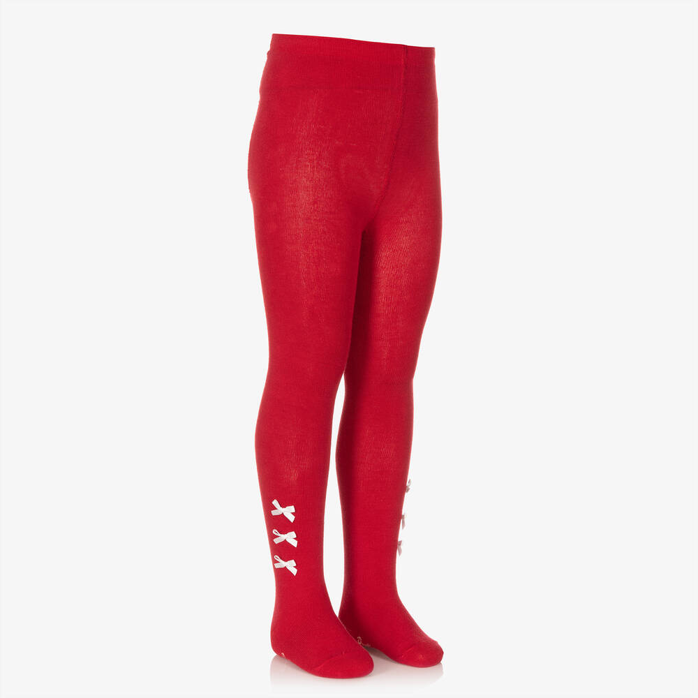 Pretty Originals-Girls Red Cotton Bow Tights | Childrensalon